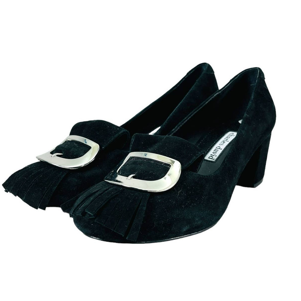 Charles David‎ NEW Monroe Black Suede Buckle Block Heel Pumps With Fringe 5.5
